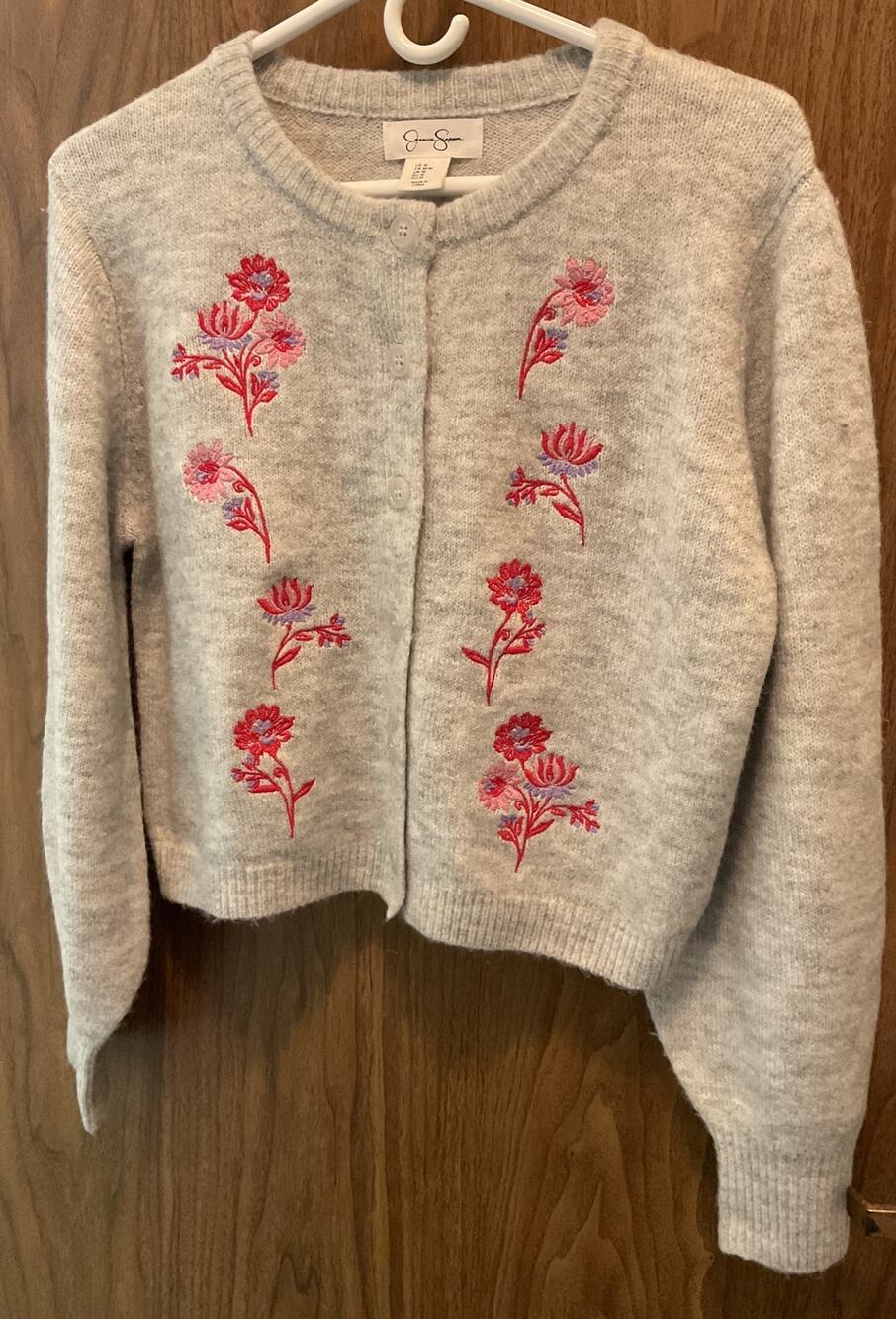 NEW Medium Jessica Simpson Women’s Gray Cropped Cardigan Embroidered Flowers